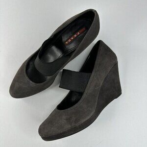 Prada Linea Rossa Women's Dark Gray Mary Jane‎ Suede Wedge Heels EU 37.5 /US 7